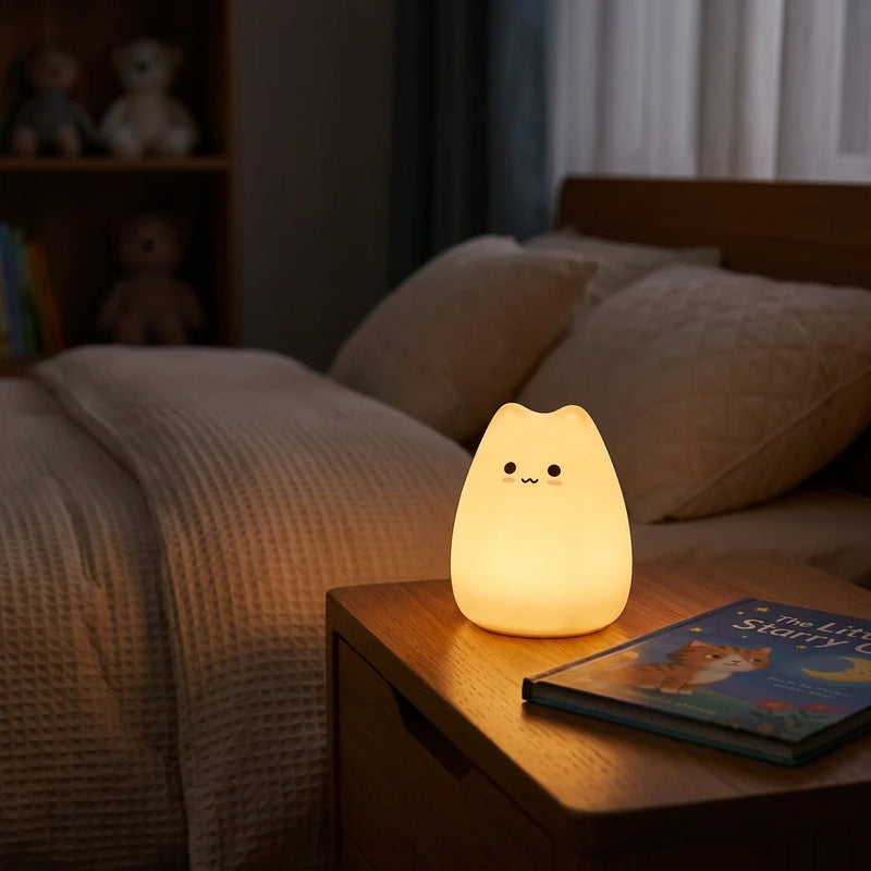 Veilleuse chat Tofu™ allumée en lumière ambre douce sur table de nuit bois, livre fermé à côté, ambiance chambre enfant nuit — Tendre Veilleuse