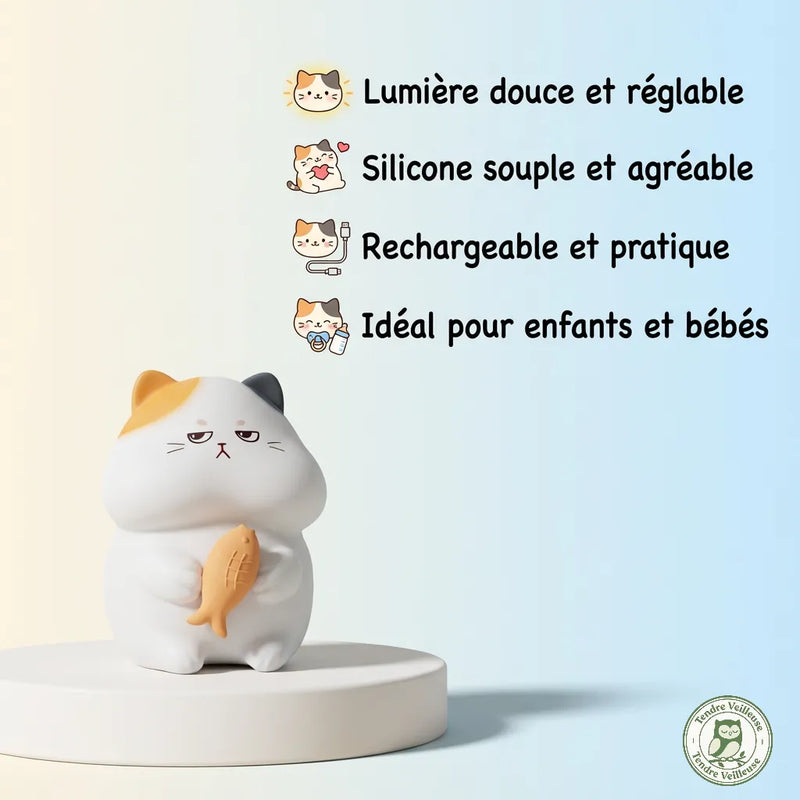 Infographie veilleuse chat Mistigri™ : lumière douce réglable 3 niveaux, silicone souple sans BPA, rechargeable USB, certifiée CE pour enfants — Tendre Veilleuse