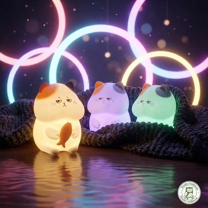 Trois veilleuses chat Mistigri™ allumées en mode RGB, lumières blanc chaud, rose et vert, 6 teintes disponibles, rechargeable USB — Tendre Veilleuse