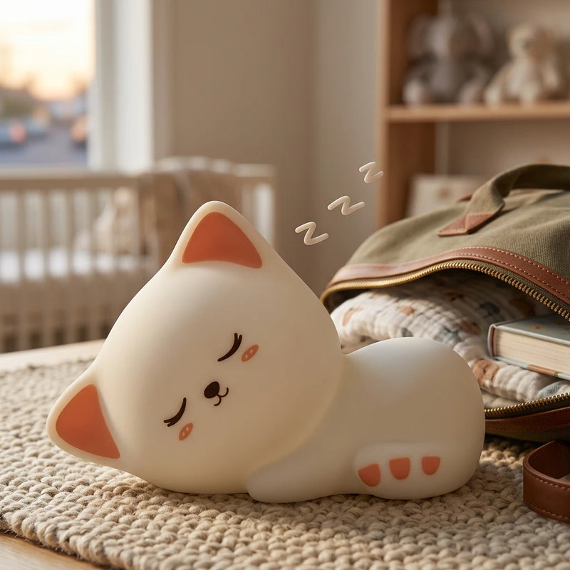 Veilleuse chaton kawaii Mochi™ 10 cm posée sur tapis à côté d'un sac de voyage, format compact nomade rechargeable USB — Tendre Veilleuse