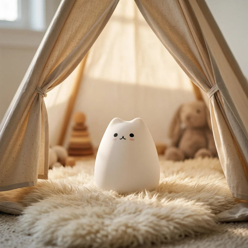 Veilleuse chat Tofu™ piles AAA sans câble USB, posée dans un tipi enfant sur tapis moelleux, format nomade autonome — Tendre Veilleuse