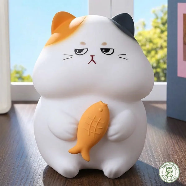  | Produit seul, fond neutre, vue de face | `veilleuse-chat-silicone-mistigri-fond-blanc.webp` | `Veilleuse chat silicone Mistigri™ vue de face, corps blanc avec taches orange et noire, poisson orange intégré, 20 cm, sans BPA — Tendre Veilleuse