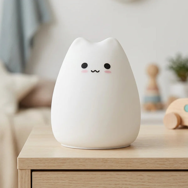 Veilleuse chat silicone Tofu™ éteinte, texture mate blanche, posée sur surface bois clair en lumière naturelle — Tendre Veilleuse