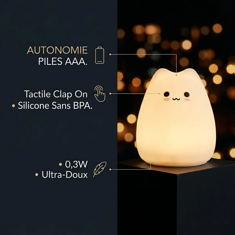 Infographie veilleuse chat Tofu™ : autonomie piles AAA, commande tactile Clap On, 0,3W ultra-doux, silicone sans BPA — Tendre Veilleuse