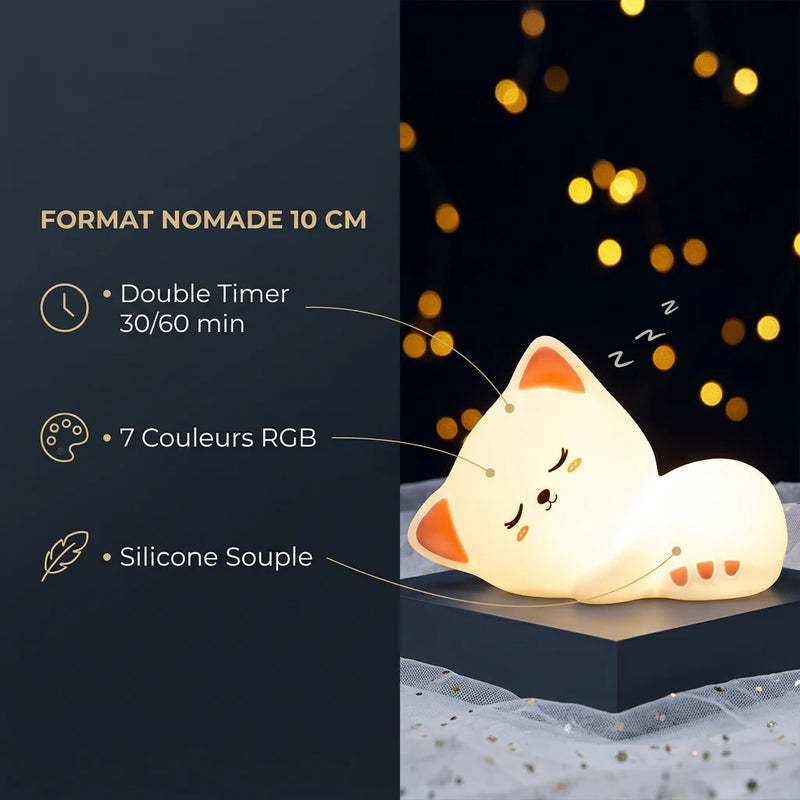 Infographie veilleuse chaton Mochi™ : format nomade 10 cm, double timer 30 ou 60 minutes, 7 couleurs RGB, silicone souple sans BPA — Tendre Veilleuse