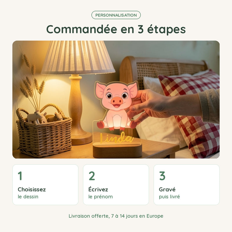 Veilleuse cochon personnalisée commandée en 3 étapes : dessin, prénom, gravure et livraison offerte