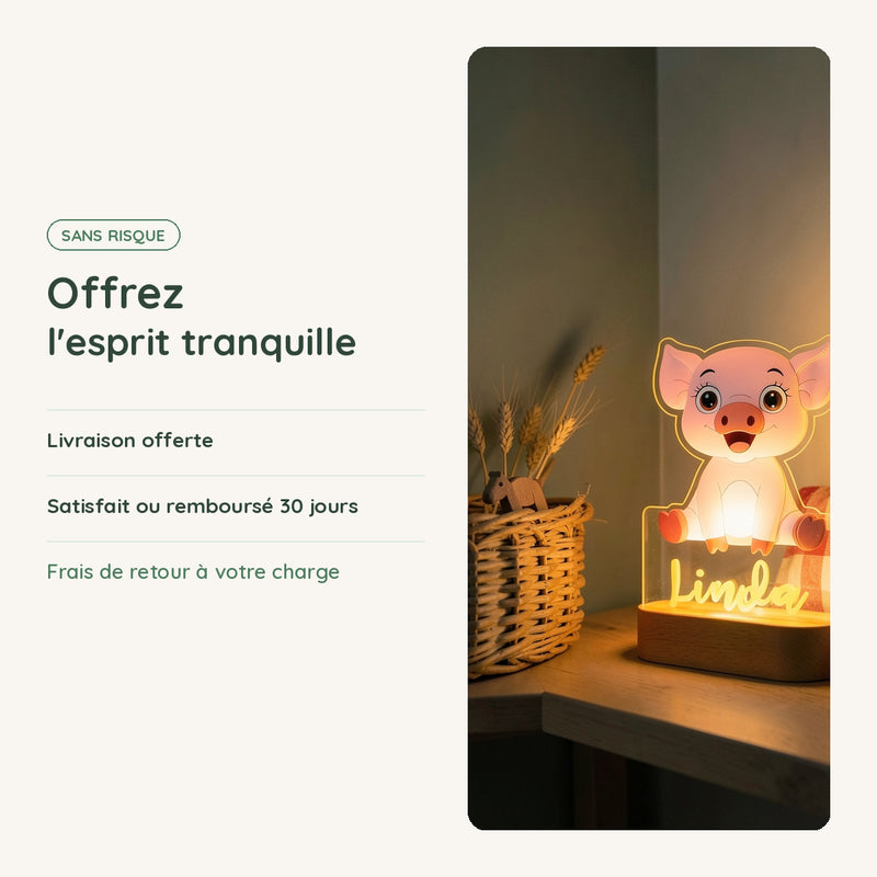 Veilleuse cochon personnalisée : livraison offerte, satisfait ou remboursé 30 jours