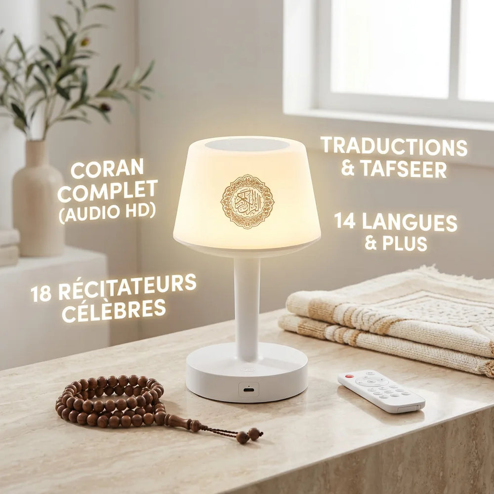 Infographie de la veilleuse coranique avec télécommande : Coran complet audio HD, 18 récitateurs, traductions, tafseer et 14 langues disponibles.