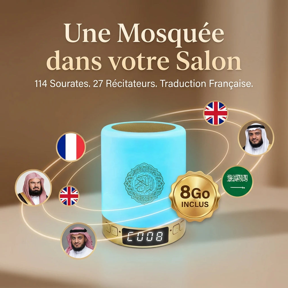 Veilleuse coranique affichant son contenu éducatif : Coran complet 114 Sourates, 27 Récitateurs célèbres, Traduction Française et carte mémoire 8Go incluse. Texte : Une Mosquée dans votre Salon.