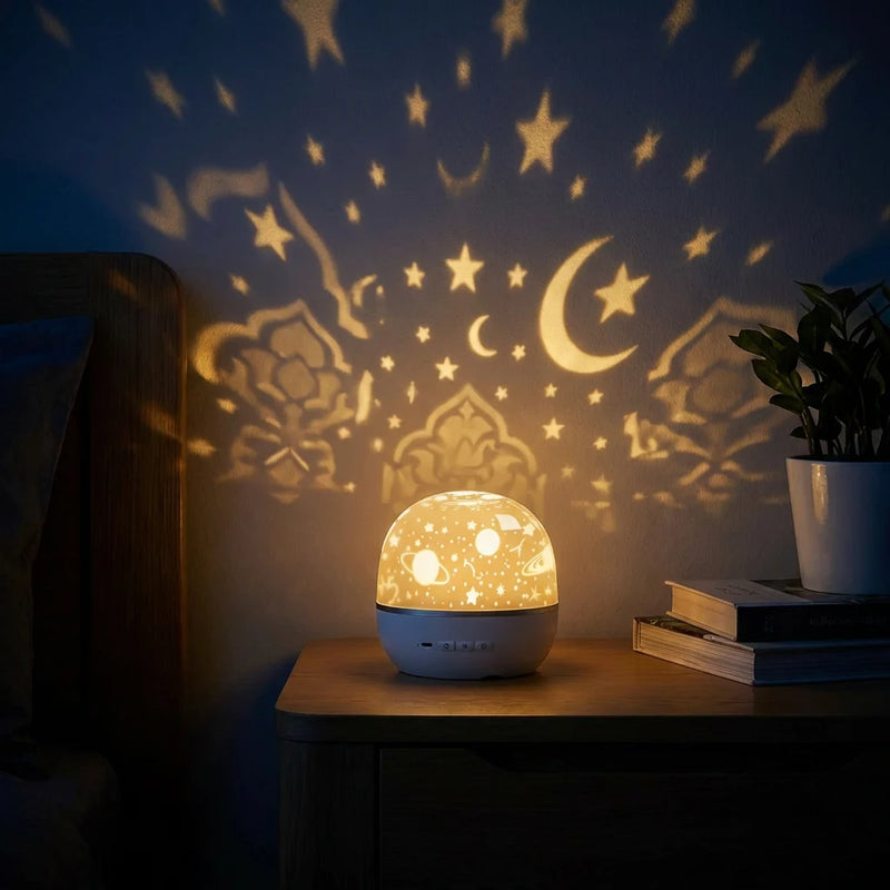 Veilleuse Petit Hafiz projetant un ciel étoilé et des motifs lunaires au plafond d'une chambre d'enfant plongée dans le noir, créant une ambiance nocturne apaisante pour l'écoute du Coran.