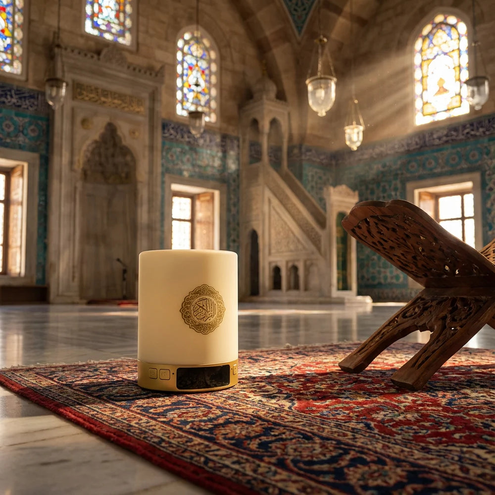 Veilleuse coranique Lumière d'Orient posée sur un tapis de prière dans une mosquée. Enceinte Bluetooth tactile avec Coran complet et fonction Azan.