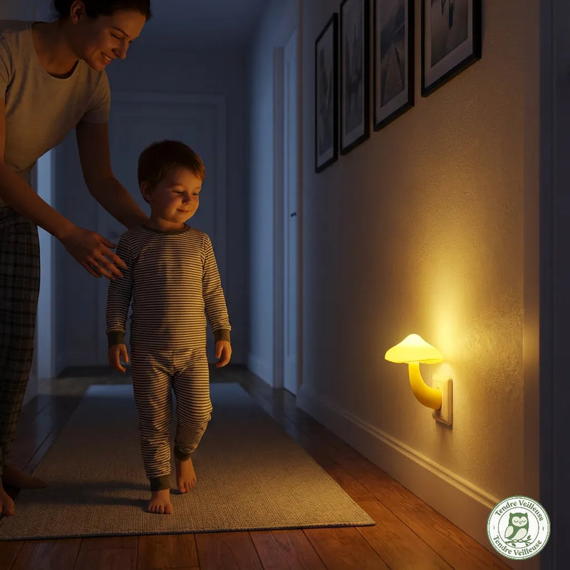 Veilleuse prise champignon automatique utilisée comme balisage nocturne dans un couloir enfant, Tendre Veilleuse