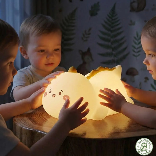 Trois enfants manipulant la veilleuse dinosaure Dino en silicone souple sans BPA – commande tactile intuitive dès 18 mois