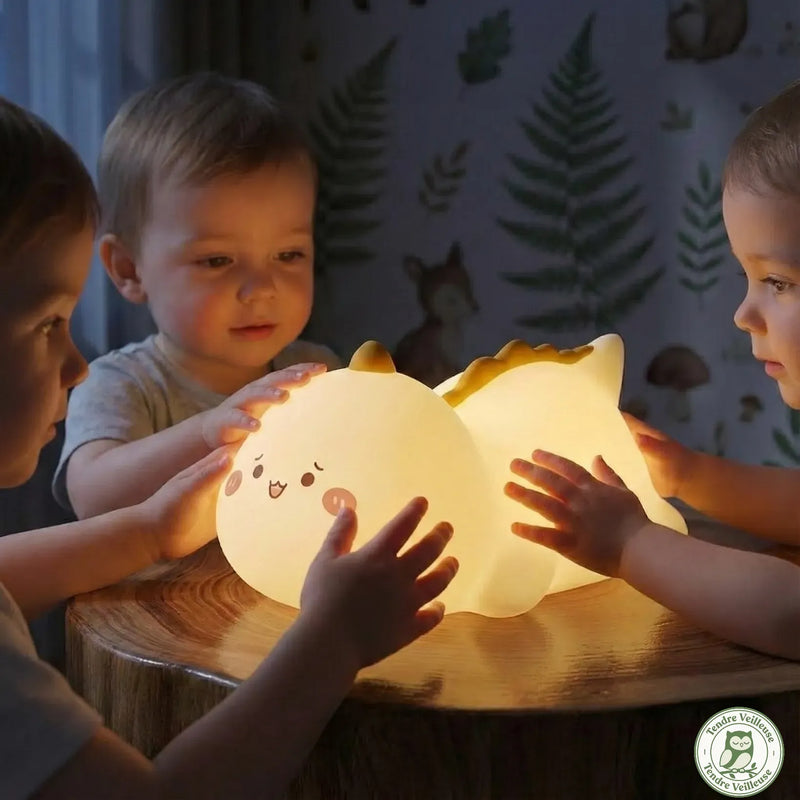Trois enfants manipulant la veilleuse dinosaure Dino en silicone souple sans BPA – commande tactile intuitive dès 18 mois