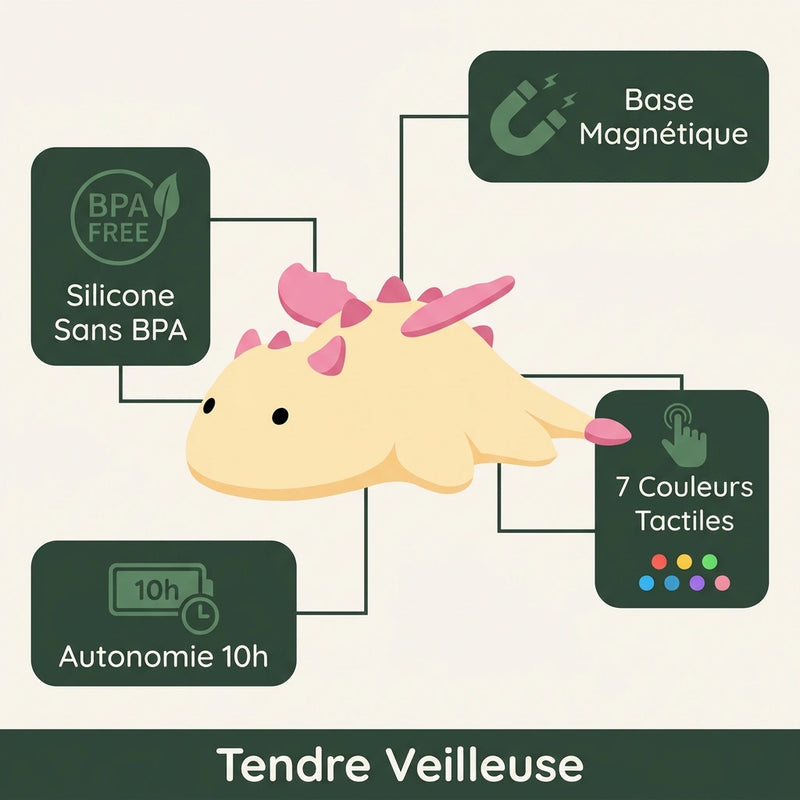 Infographie veilleuse dinosaure : base magnétique intégrée, silicone sans BPA, 7 couleurs tactiles, autonomie 10h, fond beige Tendre Veilleuse — Tendre Veilleuse
