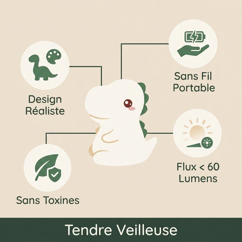 Infographie veilleuse dinosaure : fonctionnement sans fil sur batterie, flux inférieur à 60 lumens, design moderne, sans produits toxiques, Tendre Veilleuse