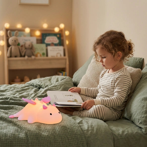 Enfant de 4 ans dans son lit lisant un livre avec la veilleuse dinosaure allumée à proximité, ambiance chaleureuse, qualité photo iPhone — Tendre Veilleuse