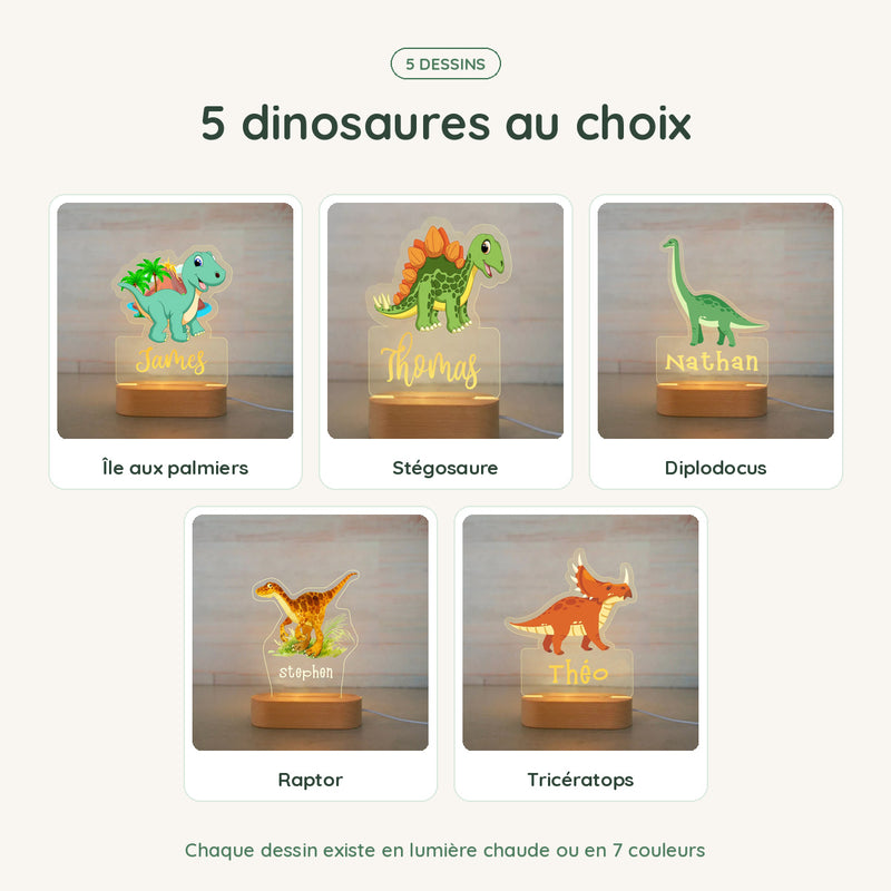 Les dessins de la veilleuse dinosaure personnalisée, chacun en lumière chaude ou 7 couleurs