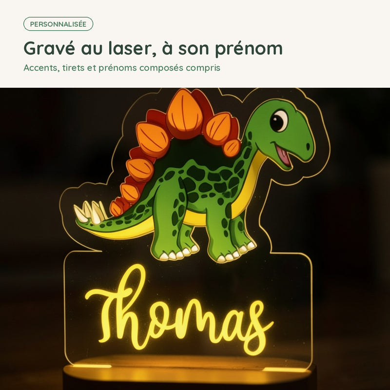 Prénom gravé au laser sur la veilleuse dinosaure personnalisée, accents et prénoms composés compris