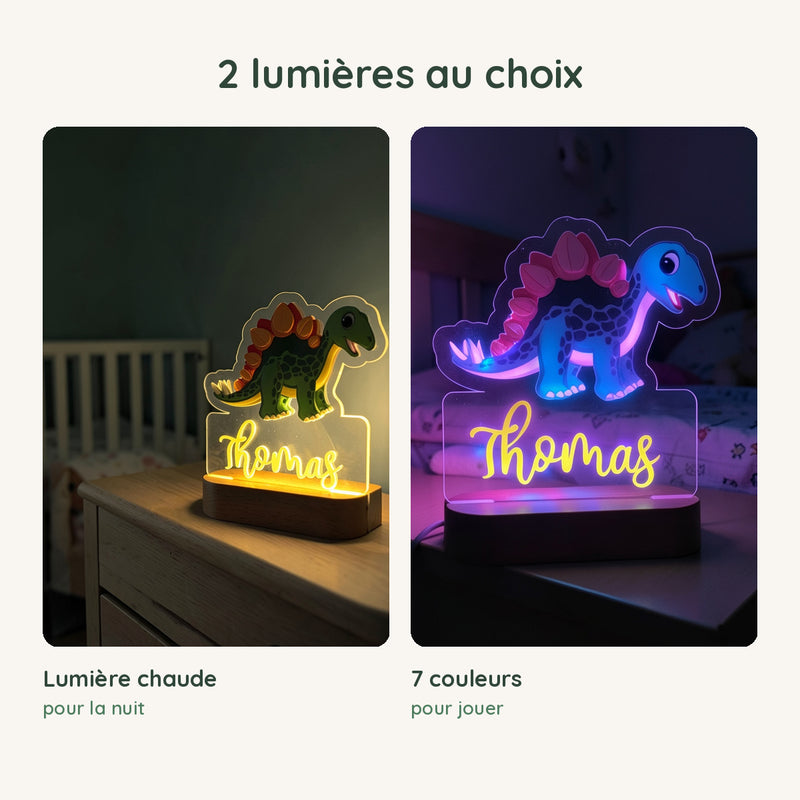 Veilleuse dinosaure personnalisée en lumière chaude pour la nuit ou en 7 couleurs pour jouer