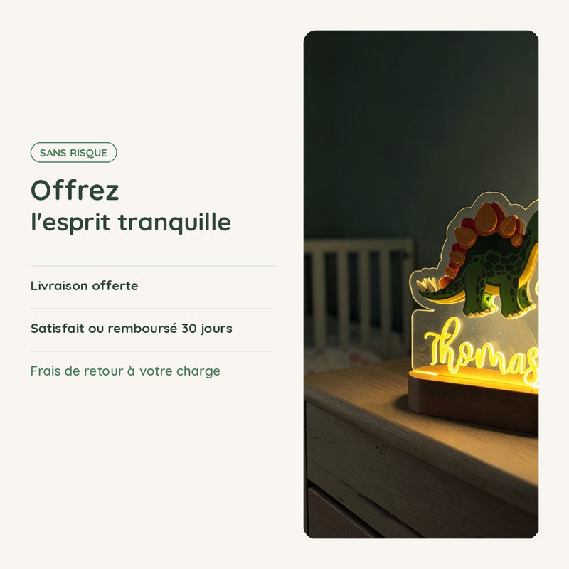 Veilleuse dinosaure personnalisée : livraison offerte, satisfait ou remboursé 30 jours