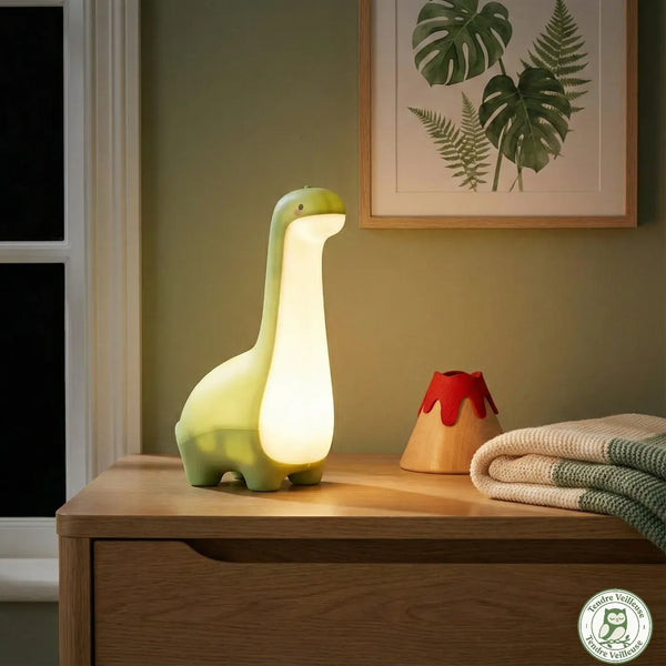 Veilleuse dinosaure Rexy allumée sur commode dans une chambre d'enfant – ambiance lumière chaude 3000K pour le sommeil