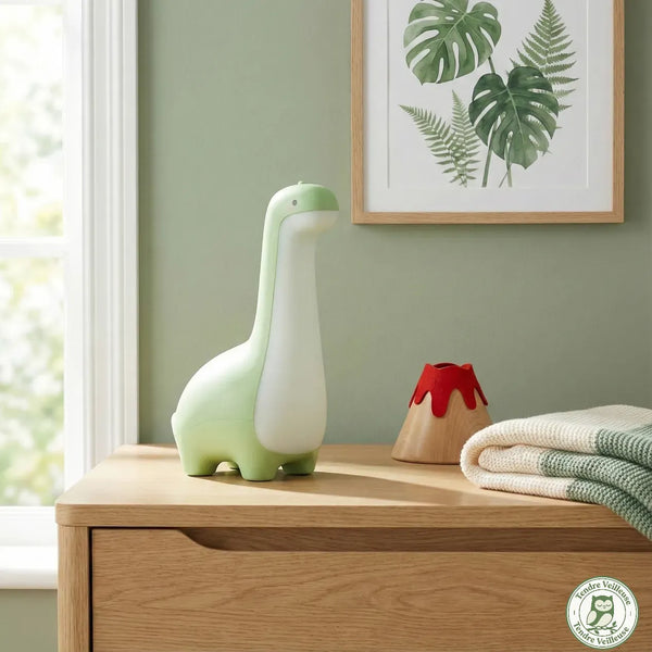 Veilleuse dinosaure Rexy éteinte en décoration sur commode – design silicone vert, 124 × 78 × 175 mm, 145 g