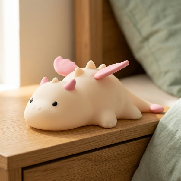 Veilleuse dinosaure silicone magnétique éteinte, posée sur une table de nuit en bois naturel dans une chambre d'enfant lumineuse — Tendre Veilleuse