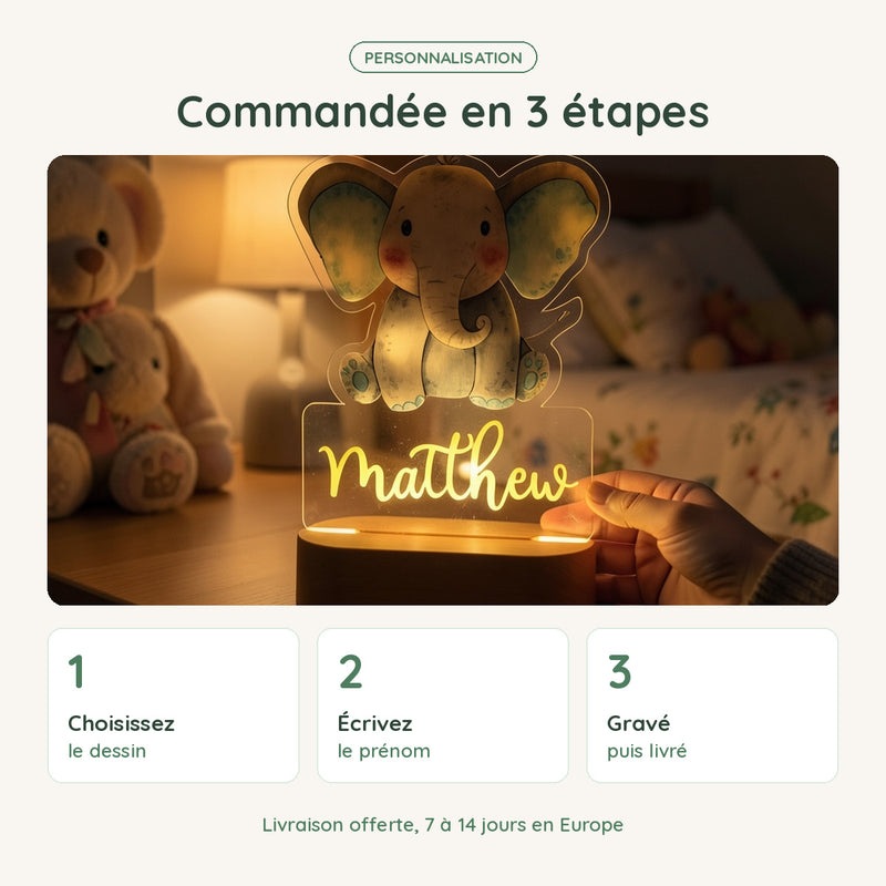 Veilleuse éléphant personnalisée commandée en 3 étapes : dessin, prénom, gravure et livraison offerte