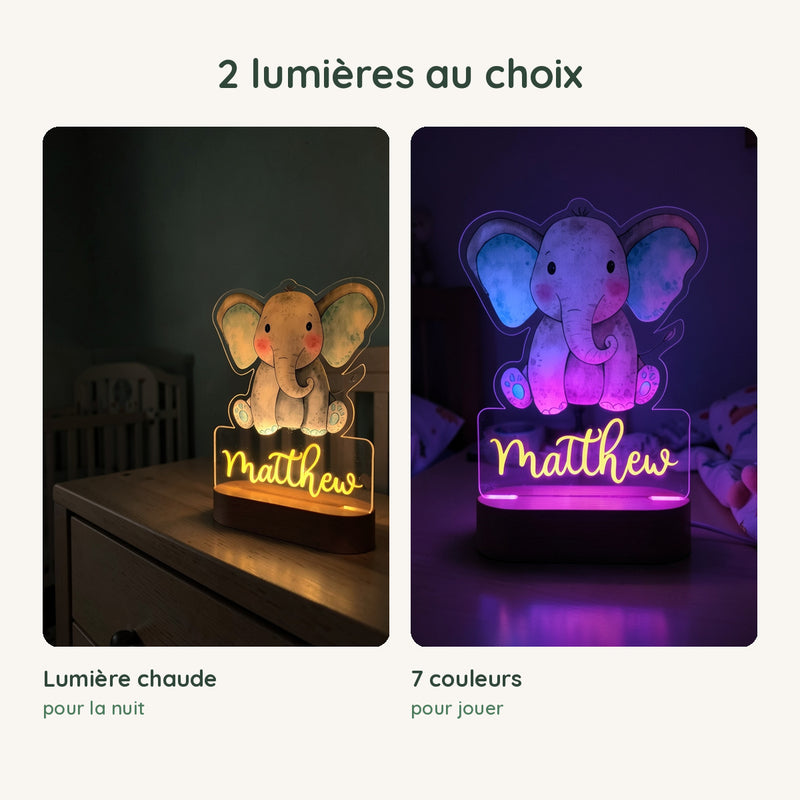 Veilleuse éléphant personnalisée en lumière chaude pour la nuit ou en 7 couleurs pour jouer