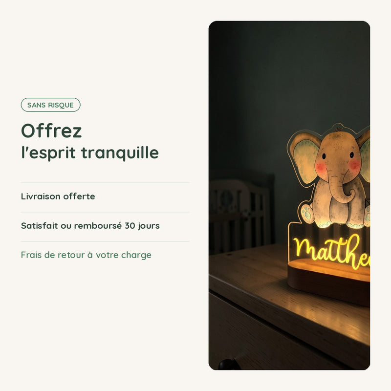 Veilleuse éléphant personnalisée : livraison offerte, satisfait ou remboursé 30 jours