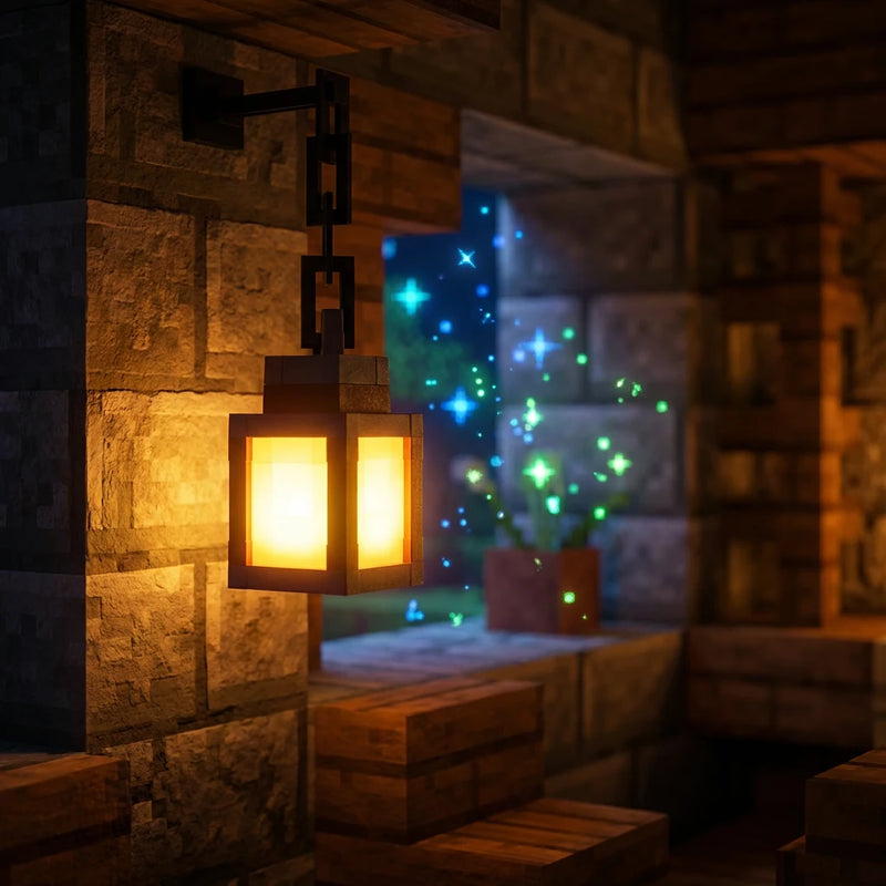 Veilleuse enfant lanterne Minecraft diffusant une lumière jaune dorée apaisante, idéale pour la lecture et pour rassurer la nuit.