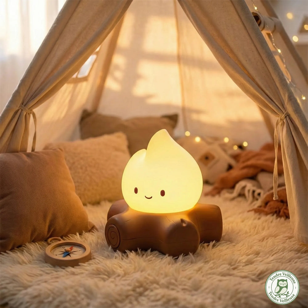 Veilleuse Campi en forme de feu de camp stylisé et mignon. Lampe design avec bûches et flamme rougeoyante, générateur de bruit blanc pour ambiance cozy