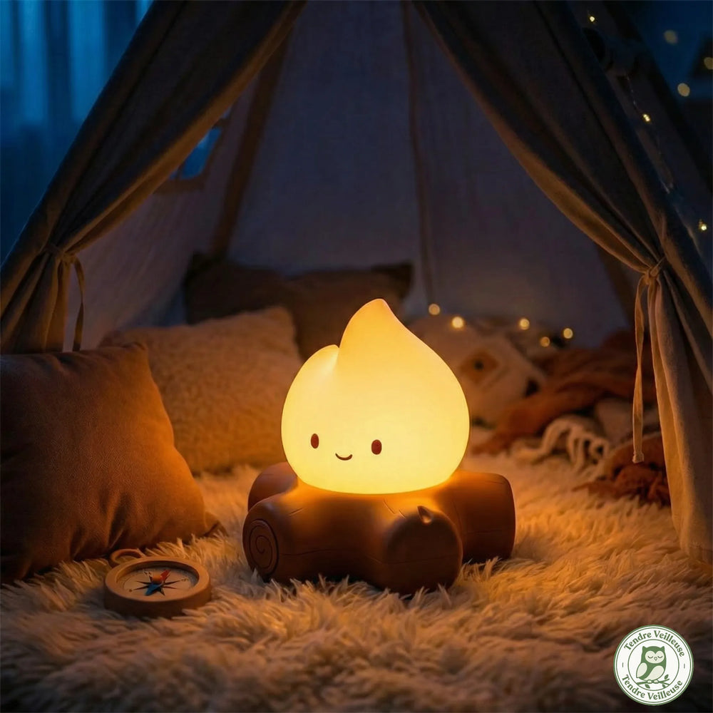 Veilleuse Campi allumée dans le noir, diffusant une lueur ambrée chaleureuse. Ambiance bivouac apaisante pour le sommeil de l'enfant ou de l'adulte.