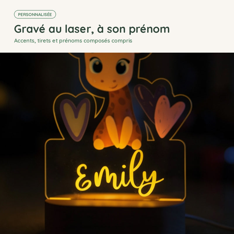 Prénom gravé au laser sur la veilleuse girafe personnalisée, accents et prénoms composés compris
