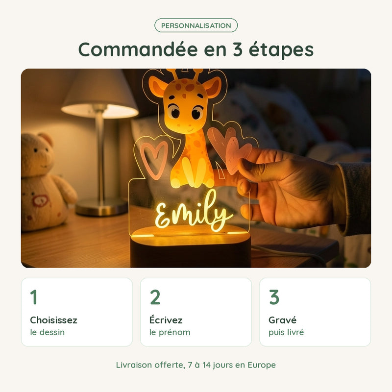 Veilleuse girafe personnalisée commandée en 3 étapes : dessin, prénom, gravure et livraison offerte
