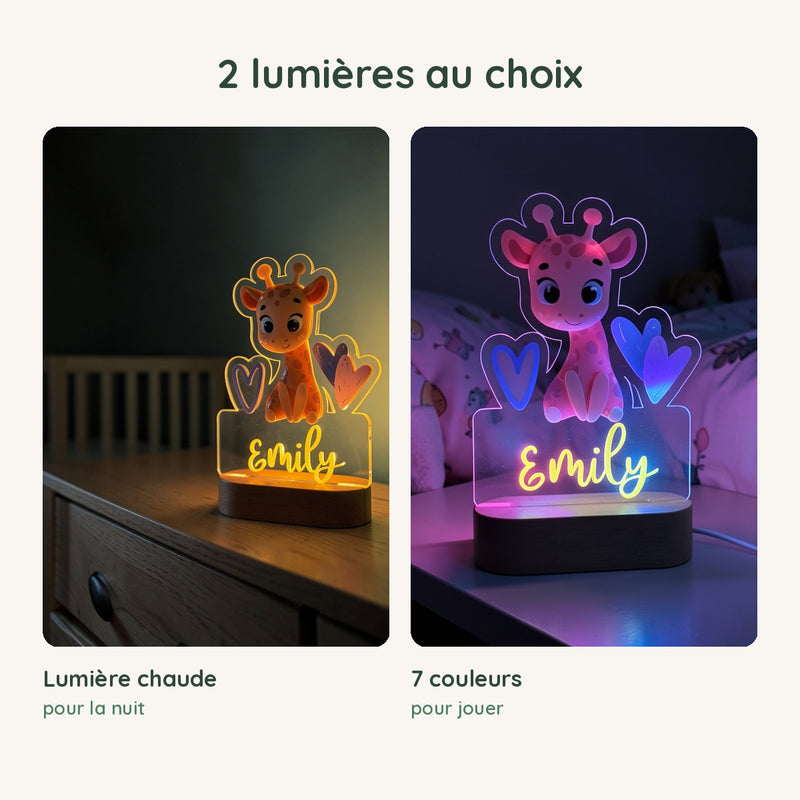 Veilleuse girafe personnalisée en lumière chaude pour la nuit ou en 7 couleurs pour jouer