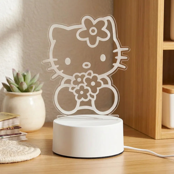 Veilleuse Hello Kitty LED acrylique eteinte plaque transparente socle blanc bureau bois Tendre Veilleuse