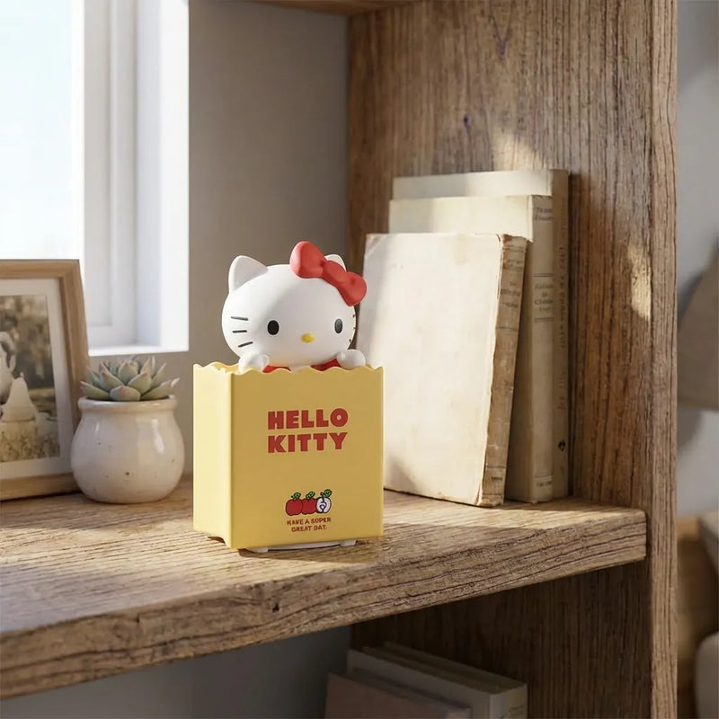 Veilleuse Hello Kitty sac silicone jaune eteinte figurine qui sort decoration etagere bois Tendre Veilleuse
