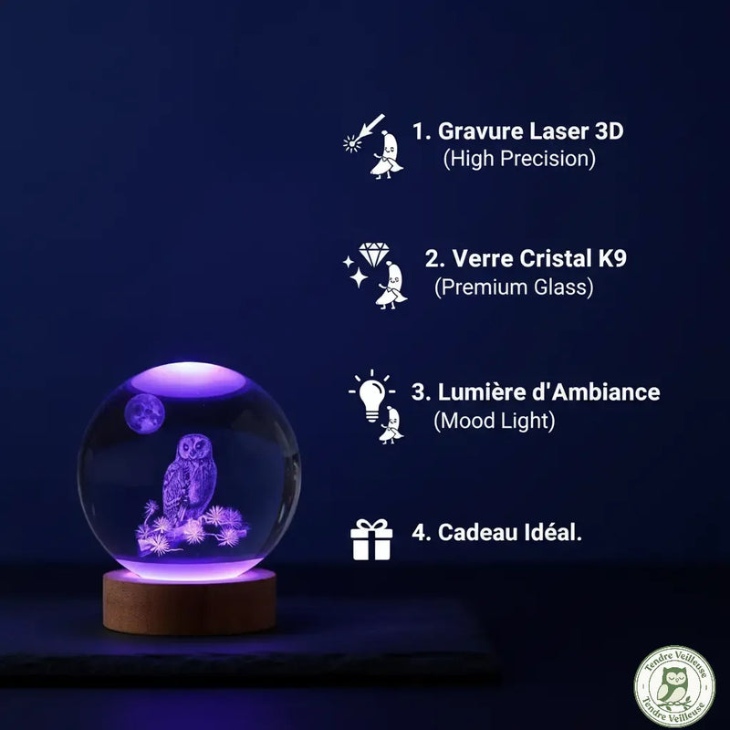 Infographie veilleuse hibou 3D cristal K9 : gravure laser haute précision, verre premium, lumière d'ambiance multicolore, cadeau idéal — certifié CE RoHS