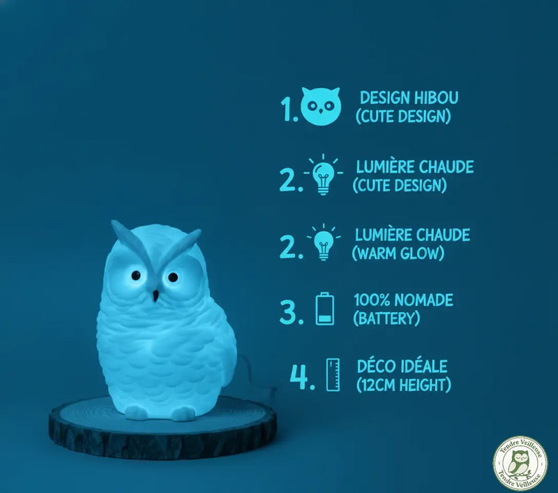 Infographie veilleuse hibou bleue Ohowl : design hibou mignon, lumière douce, 100% nomade à piles, hauteur 12 cm — veilleuse chouette bleu certifiée CE