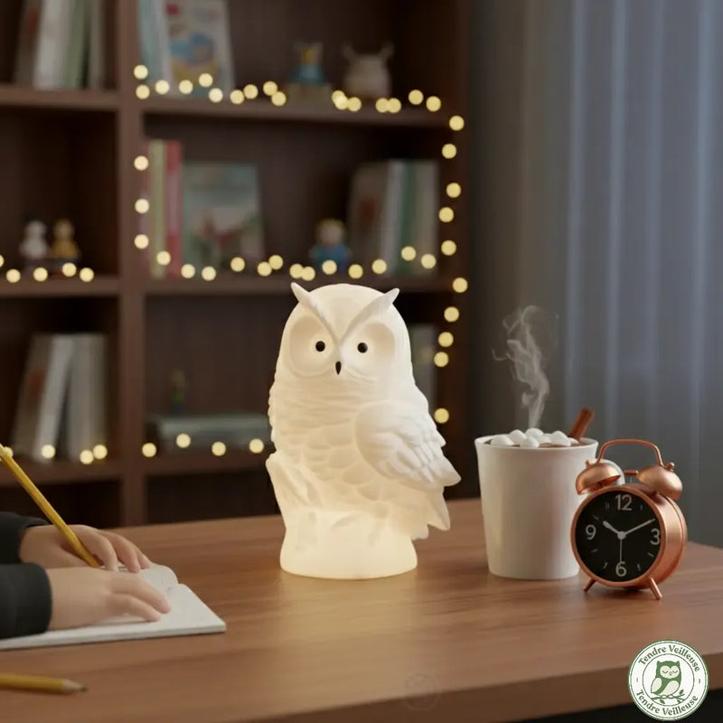 Lampe hibou veilleuse Ohowl allumée sur bureau enfant avec réveil et chocolat chaud — veilleuse chouette lumière apaisante chambre enfant