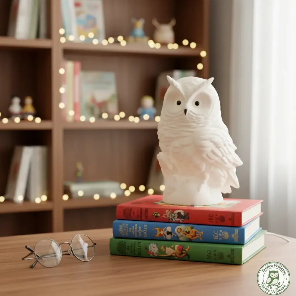 Veilleuse hibou blanche en silicone souple posée sur une pile de livres d'enfants, diffusant une lumière douce pour accompagner l'histoire du soir ou la décoration d'une chambre de bébé.