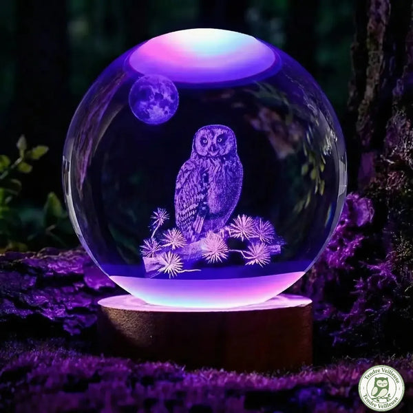 Veilleuse hibou cristal K9 lumière LED violette intense, décor forêt nocturne — veilleuse hibou 3D multicolore ambiance chambre