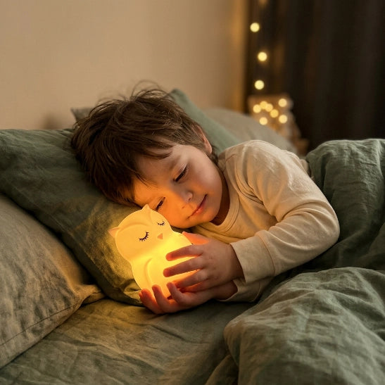 Enfant de 4 ans dans son lit tenant la veilleuse hibou silicone allumée, chambre cosy avec lumière ambiante chaude et douce, qualité photo iPhone 13 — Tendre Veilleuse

