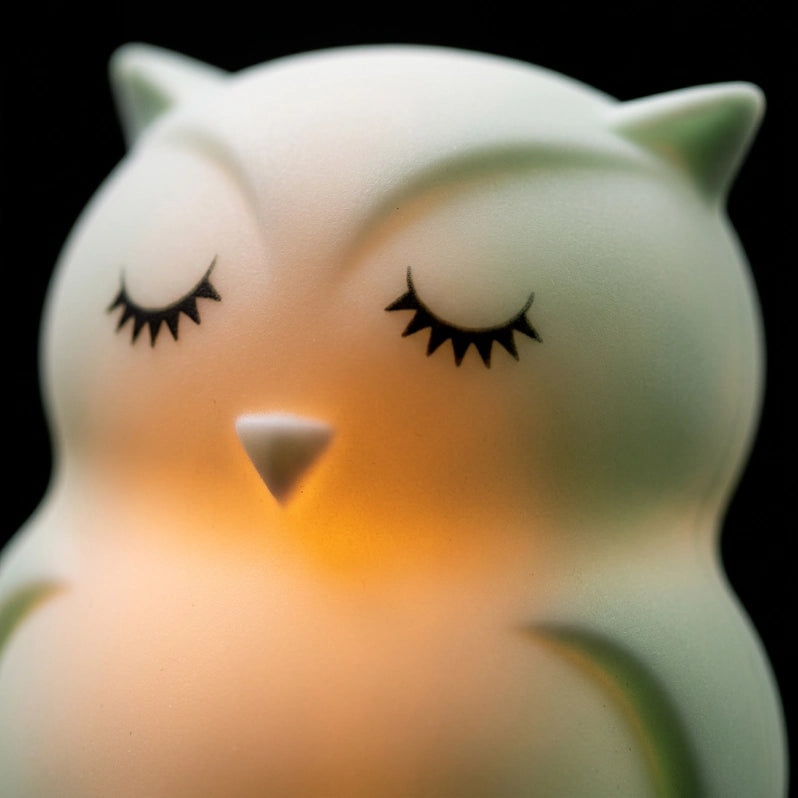 Détail macro de la surface silicone souple translucide de la veilleuse hibou Noctou avec lumière LED diffusée de l'intérieur, texture douce et lumineuse en gros plan — Tendre Veilleuse
