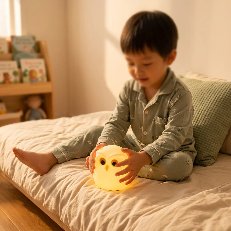 Enfant en pyjama vert tenant la veilleuse hibou silicone allumée en lumière chaude dans ses mains, assis sur son lit, ambiance apaisante dorée, Tendre Veilleuse