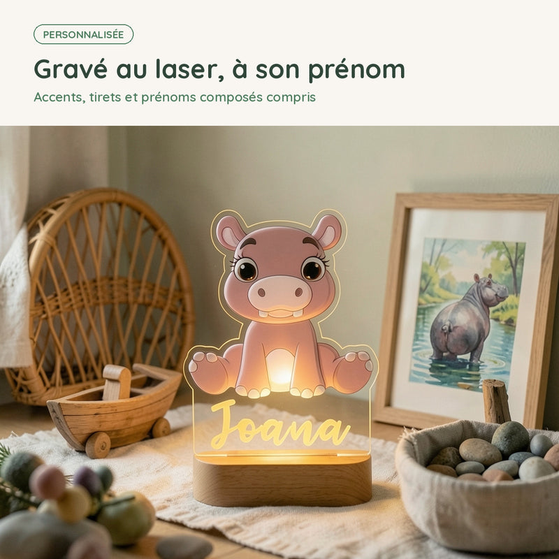 Prénom gravé au laser sur la veilleuse hippopotame personnalisée, accents et prénoms composés compris