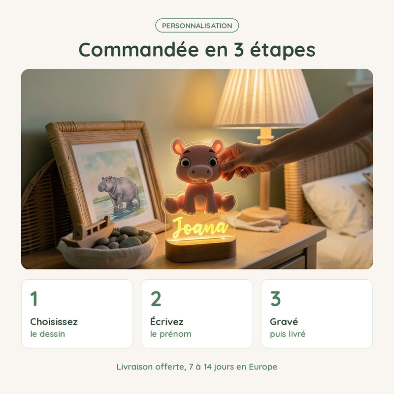 Veilleuse hippopotame personnalisée commandée en 3 étapes : dessin, prénom, gravure et livraison offerte