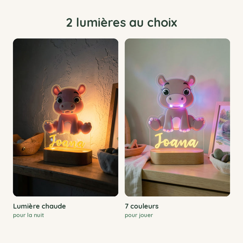 Veilleuse hippopotame personnalisée en lumière chaude pour la nuit ou en 7 couleurs pour jouer
